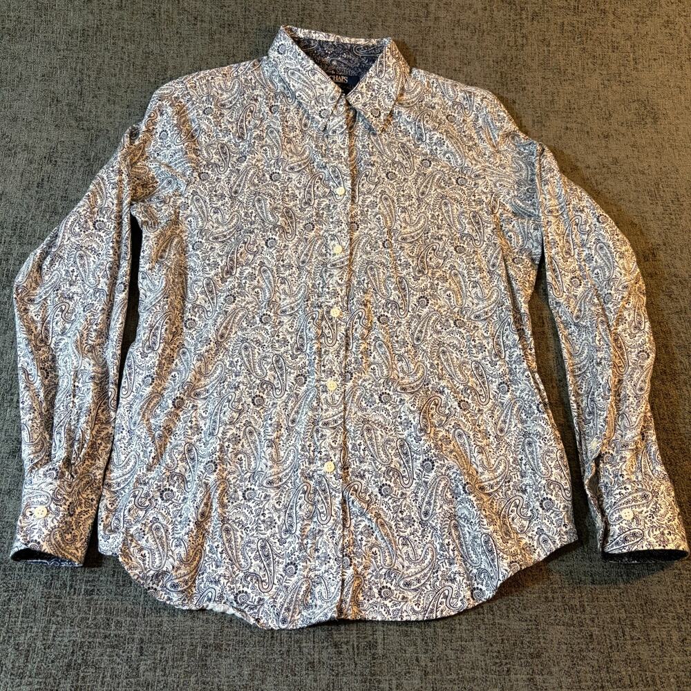 Chaps No Iron Paisley Button Down Shirt Navy and White Medium Blouse Top